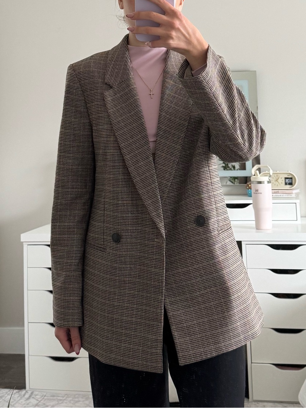 H&M Oversized Plaid Blazer XS Brown Taupe Double Breasted